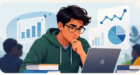 Analytical Thinking illustration — a student analysing charts and patterns